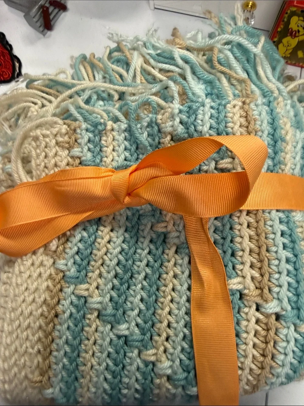 Handwoven Cream & Light Blue Striped Throw Blanket